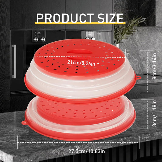 2 Pack Collapsible Microwave Splatter Cover, Red & Grey | Vented Microwave Splatter Guard Food Cover with Hook Hole, Vegetable Fruit Colander Multi-function Kitchen Gadget