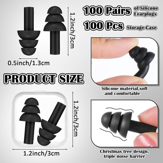 Trelaco 100 Pairs Silicone Ear Plugs Bulk with Case Nrr 29db, Black
