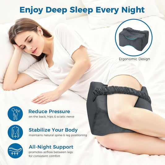 Knee Pillow for Side Sleepers, Memory Foam Leg Pillow with Strap, Grey | Ergonomic Between Leg Support Pillow for Sleeping Comfort, Knee and Ankle Positioning, Pregnancy, Joint Support, Medium Size