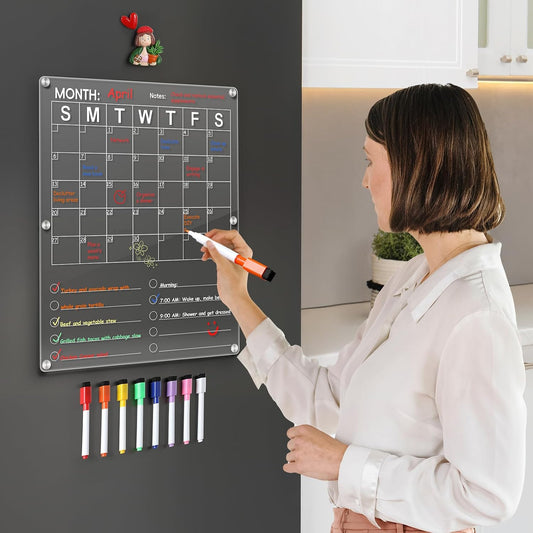 Large Acrylic Magnetic Calendar for Refrigerator, 2in1 Clear Fridge Calendar, Monthly Planning Board with to Do List, for Businees Meetings/Grocery List, 8 Color Markers -14.5''*11.5''