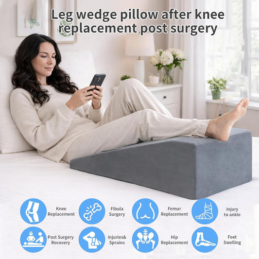 Leg Elevation Pillow for After Surgery, Knee Recovery & Leg Wedge Support | Long Incline Full Leg Support with Soft Crystal Velvet Cover, High Density Foam for Recovery and Rest