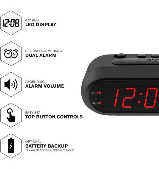 Sharp Digital Alarm Clock for Heavy Sleepers, Dual Alarm, Red LED, Black