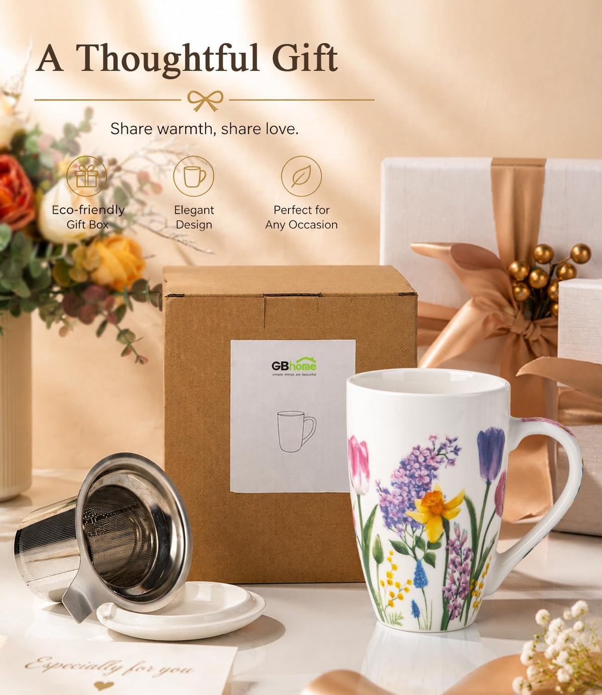 GBhome Tea Mug with Infuser and Lid,18 oz Loose Leaf Tea Cup with Steeper