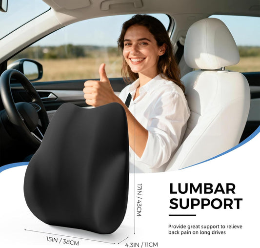BEBAS Ergonomic Lumbar Support Pillow for Car, Memory Foam Car Back Cushion | Comfort Lumbar Pillow for Back Pain Relief, Breathable Washable Cover, Fits for Driving, Office, Wheelchair, Black