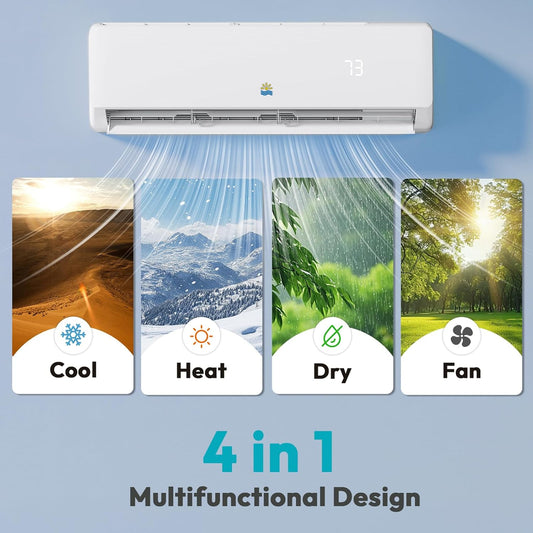 Rellytech Mini Split AC/Heating System - 9000 BTU Mini Split AC Inverter Heating and Cooling, 19 SEER2 115V/110V Energy Efficient Ductless Air Conditioner Up to 550sq.ft, Pre-charged System