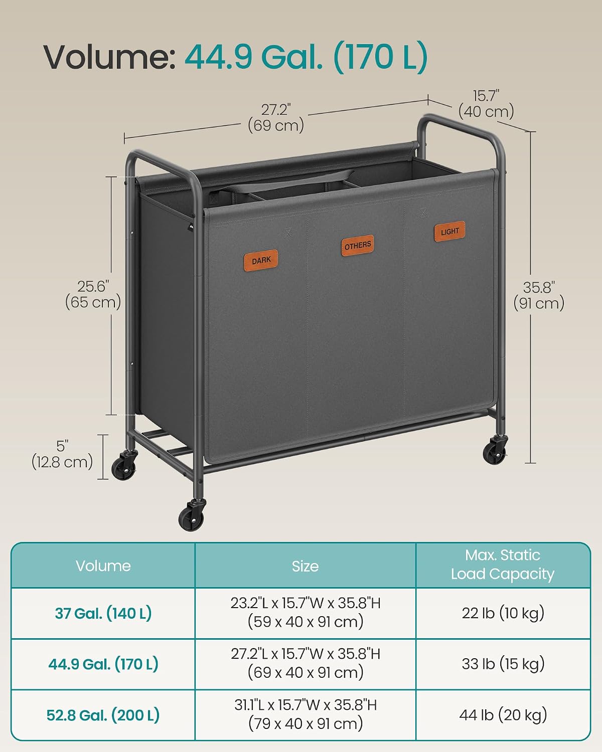 SONGMICS 2-Section Laundry Sorter, Laundry Hamper with Wheels, Rolling Clothes Hamper Cart with Large Capacity and Removable Bags, for Laundry Room, Bedroom, Bathroom, Ink Black URLS210B01 | Rolling Clothes Hamper Cart, Large Capacity, for Laundry Room,