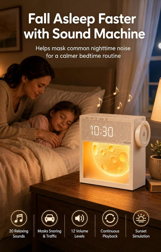 Sunrise Alarm Clock with White Noise Sound Machine, Wake Up Light & Moon Dimmable Night Light, 20 Sleep Sounds, Dual Alarms, Sleep Timer, Bedside Clock for Heavy Sleepers, Adults, Teens