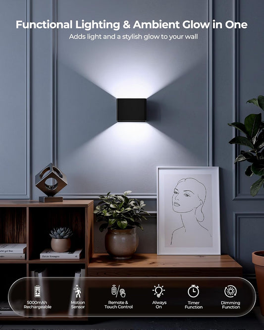 iMaihom Motion Sensor Wall Lights with Remote, 5000mAh Rechargeable Battery Operated Wall Sconces, Wireless Indoor Up Down Lights, 12 RGB Colors, Warm & Cool White for Hallway Stairs Bedroom, 2 Pack