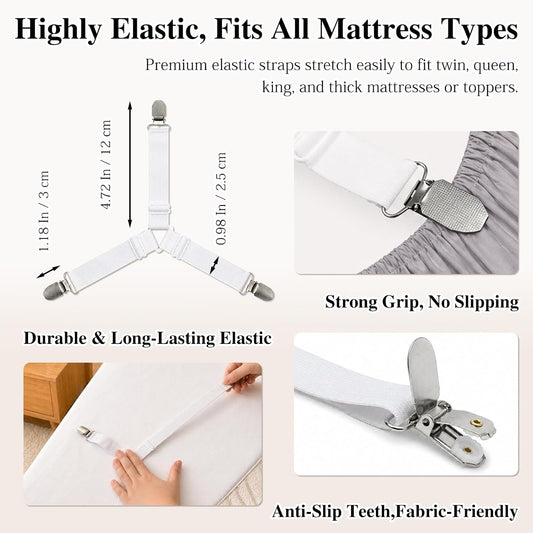 8-Pack White Bed Sheet Straps with Metal Clips, Adjustable Elastic Fitted Sheet Holders for Corners – Wrinkle-Free Bedding