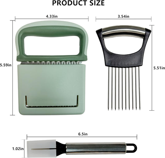 3-in-1 Vegetable Slicer Set with Onion Holder Crinkle Cutter Green Onion Slicer, Stainless Steel Kitchen Chopper for Potato Tomato Lemon Safe Guide Food Prep Gadgets
