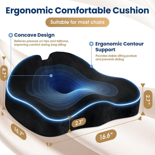 Memory Foam Seat Cushion for Office Chair & Car Seat, Black | for Office Chair, Car Seat, Relieving Pressure Tailbone Sciatica Back Pain for Long Sitting Office Workers, Car Drivers