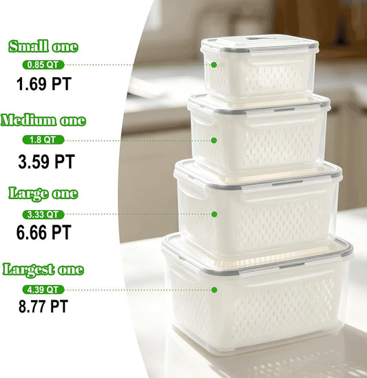 KUK Fruit Storage Containers for Fridge, Leakproof Food Containers with Removable Colander, Fruit Containers for Fridge BPA Free Produce Containers Keep Vegetables Berry Meat Fresh Longer