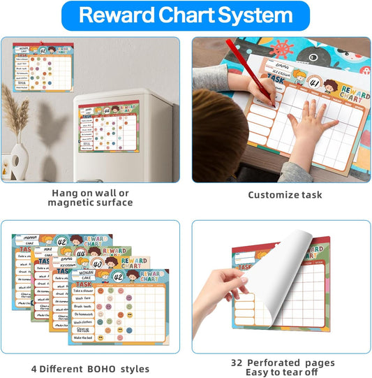 ANSTROUT Boho 32 Chore Charts Behavior Reward Chart System,Sticker Chore Chart Pad for Students with 2328 Stickers, 12.2" x 9.8" Magnetic Reward Chart to Develop Responsibility & Good Habits.