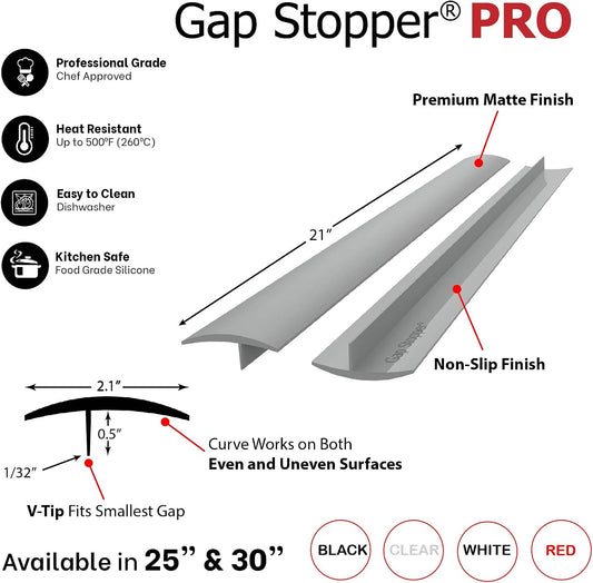 Gap Stopper® Pro - 21" Gray, Professional Grade, FDA Heavy 8.6 oz Silicone, Set of 2, Covers Gap between Stove & Countertops