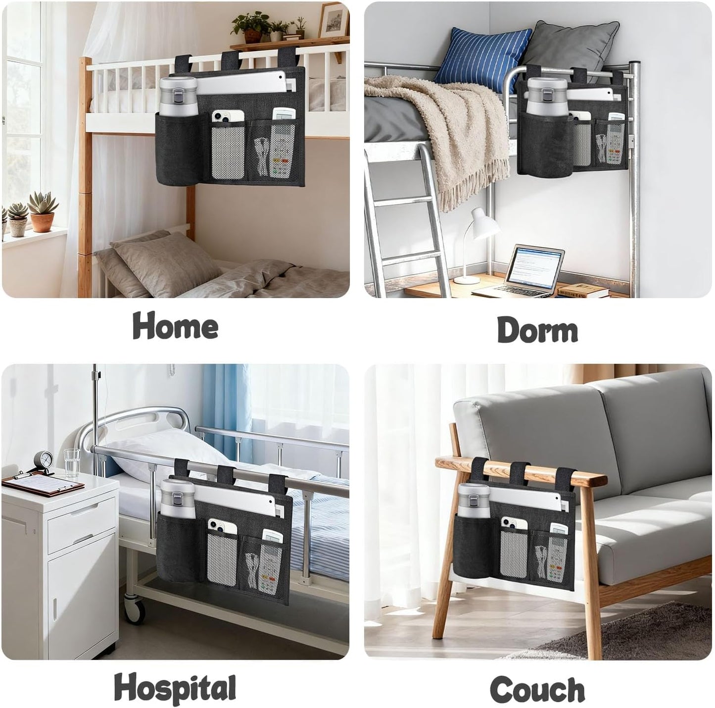 Hanging Bedside Caddy, 4 Pockets Bunk Bed Caddy, Bed Pocket for University Dormitories, Hospitals, Chairs, Crib Guardrails for Mobile Phone, Tablet Computer, Remote Control, Water Cup