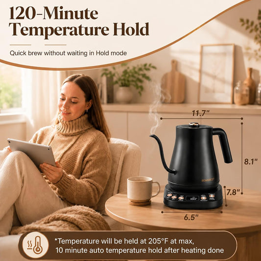 1L Electric Gooseneck Water Kettle with 6 Temperature Control Presets | Stainless Steel Inner & Lid, 2H Keep-warm,1200W Quick Boiling for Pour Over Coffee & Tea Pot, Auto Shut-off, Matte Black