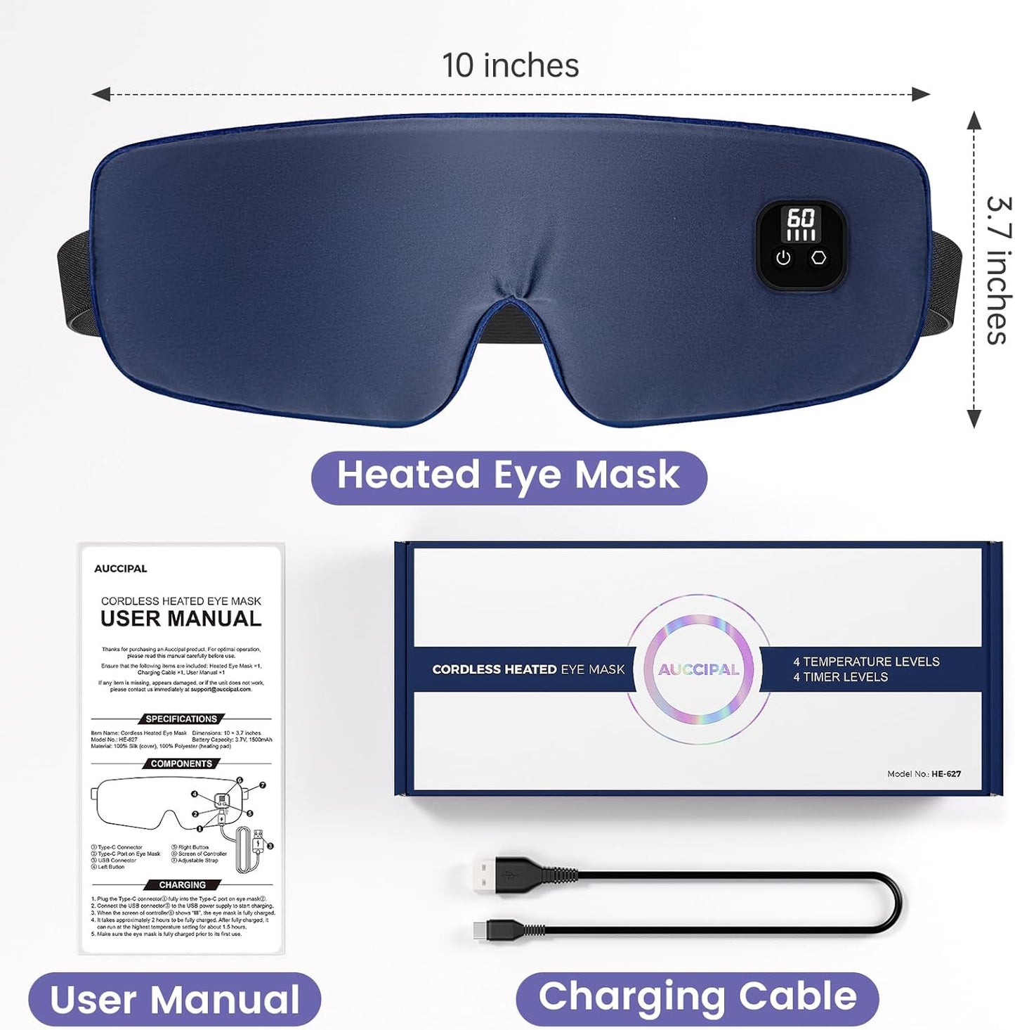 Silk Heated Eye Mask Cordless, 1500mAh Warm Eye Compresses for Dry Eyes, Rechargeable Eye Mask with 4 Temperature Settings & 4 Timer Settings, Gift for Men Women