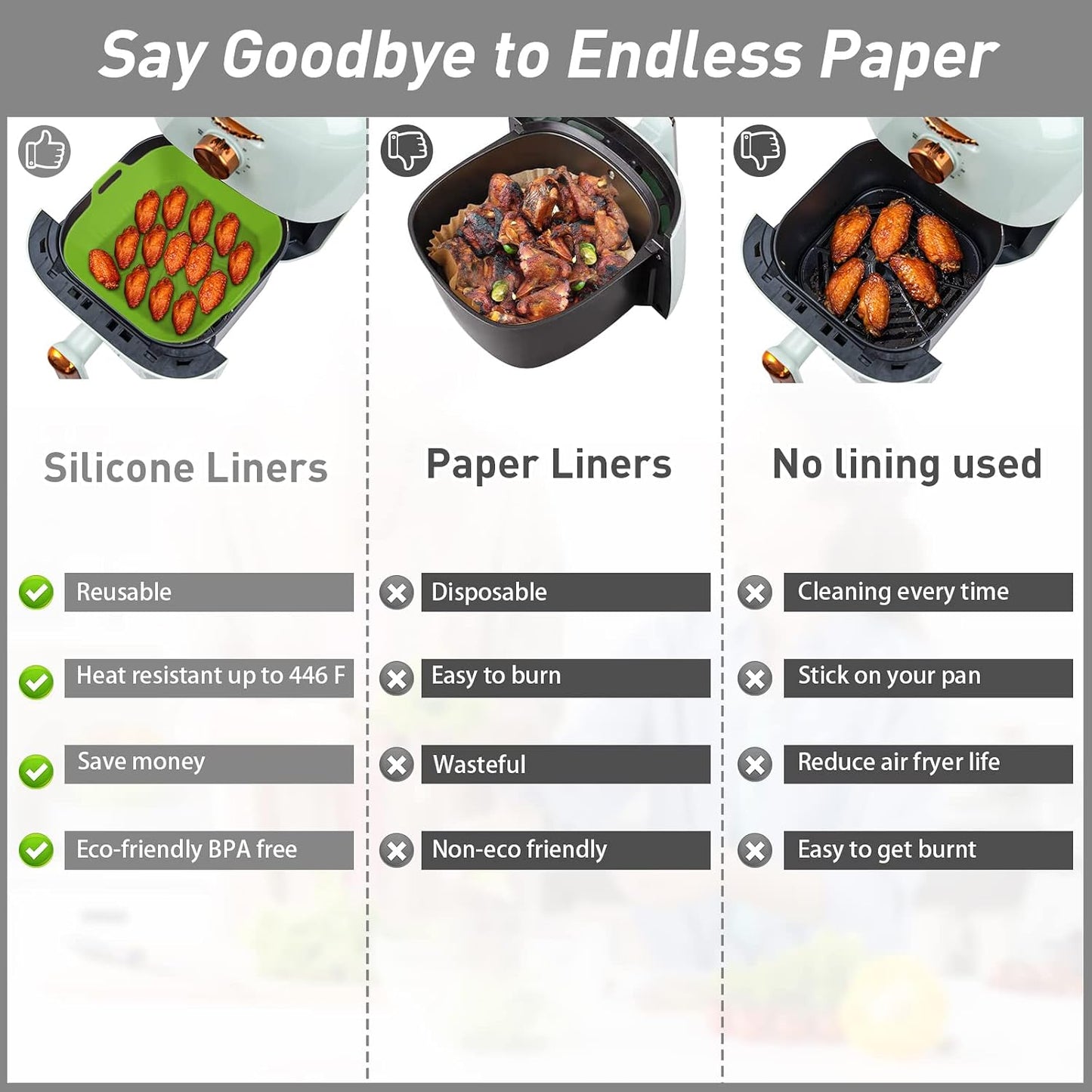 Silicone Air Fryer Liners 10QT, Reusable Airfryer Basket Liners Rectangular for Ninja DZ550/DZ401, 2Pcs 5QT Large Air Fryer Accessories,Replacement Basket Insert with Magnetic Cheat Sheet (2 Pcs Grey)