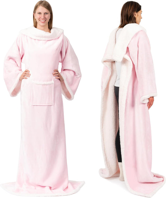 PAVILIA Wearable Blanket with Sleeves and Pocket for Women Men, Sherpa Trim