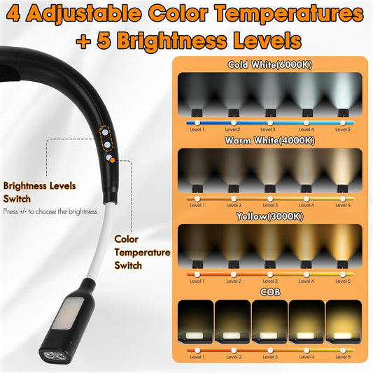 Rechargeable Heated Neck Reading Light with 4 Adjustable Light Modes, Hands Free LED Booklight Lamp for Books in Bed, Night Reading, Comfortable Book Lights for Readers & Crafters (Black)