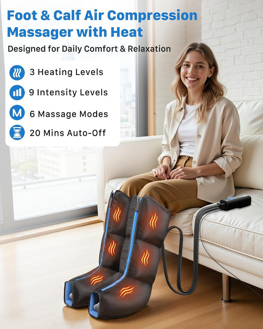 Air Compression Leg Massager with Heat for Foot & Calf Fast Recovery | Sequential Legs Recovery System for Circulation, 9 Intensity, 6 Modes, 3 Heat, for Lower Calf Soothe Aches & Daily Relaxation