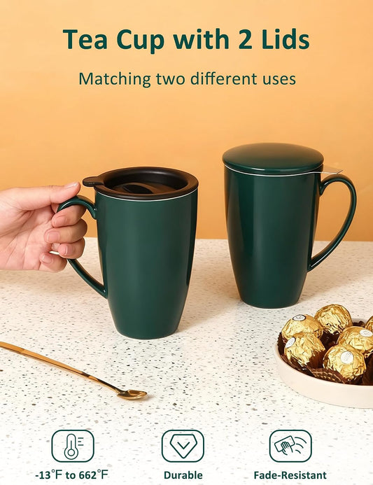 SISETOP 17 OZ Large Tea Cup with Infuser and Lid, Ceramic Tea Infuser Cup with Spoon for Loose Leaf, Microwave & Dishwasher Safe, Green