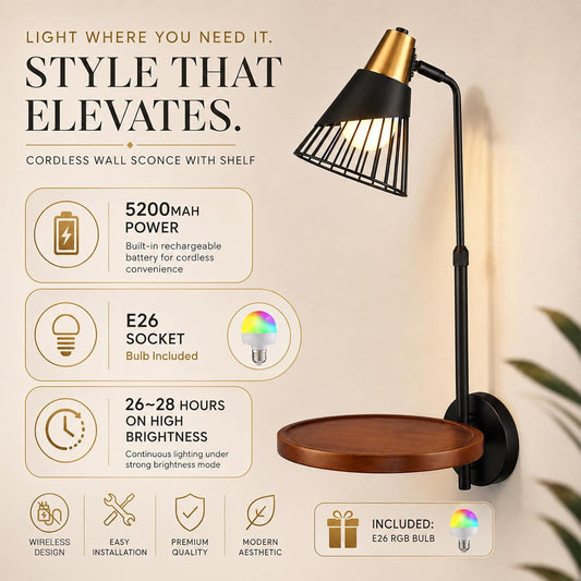 Hamilyeah Cordless Wall Sconce with Shelf, Industrial Battery Operated Wall Lamp with Rechargeable 15-Color RGB Bulb, Remote Control Dimmable Wall Light, Floating Wooden Shelf for Bedroom Living Room