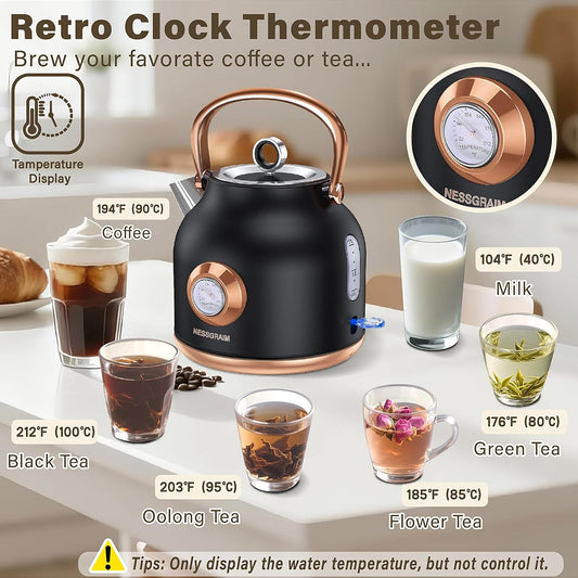Retro Electric Kettle, 1.7L Stainless Steel Tea Kettle with Large Temperature Gauge, 1500W Fast Heating Hot Water Boiler with LED Indicator, Auto Shut-off & Boil-Dry Protection-Reteo Black