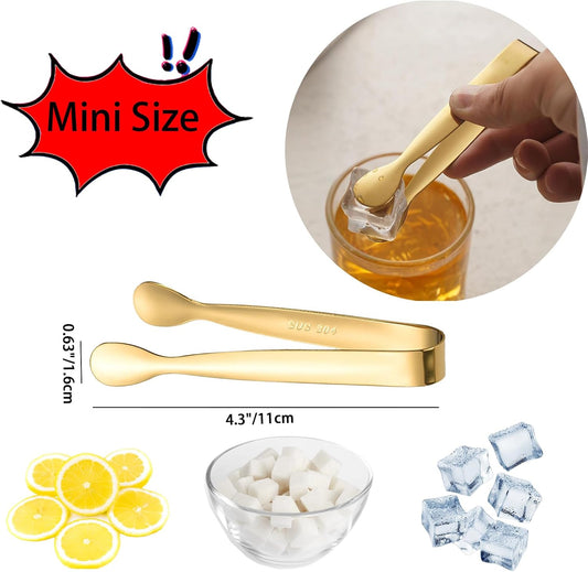 8PCS Gold Mini Metal Tongs,4.3"/11cm,Stainless Steel 304,for Ice Cube,Sugar | Kitchen Accessories for Serving Food, Salad, Toaster, Desserts