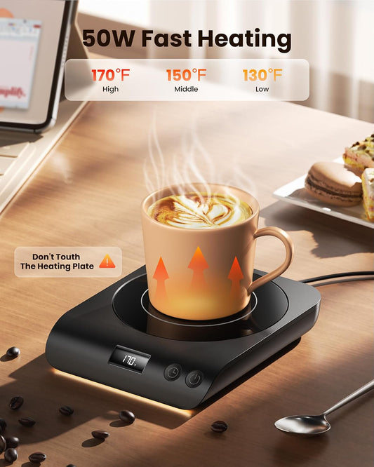 Gaiatop Coffee Mug Warmer, 50W Smart Cup Warmers, Fast Heating Plate-Wood | 3 Temperature Settings, 2-10H Auto Shut Off and Warm Strip Indicator Lights, for Tea Milk Cocoa Candle, Stocking Stuffers