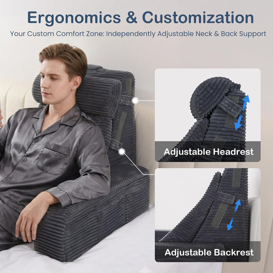 Vekkia 21" Reading Pillow for Adults with Armrests and Adjustable Backrest | Back Support, Washable Cover, XL Pockets, Multi-Density Foam for Zoned Support, Ideal for Reading TV Relaxing Gaming, Gray