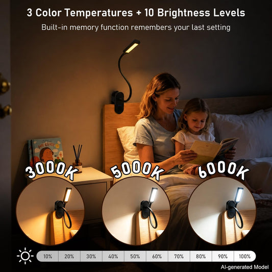 Clip on Light, Desk Lamp with Clamp for Bed, Home Office, Craft (White) | Cordless LED Reading Light with 3500mAh Rechargeable Battery, 3 Color Modes, 10 Brightness Levels, 14-inch Adjustable Neck