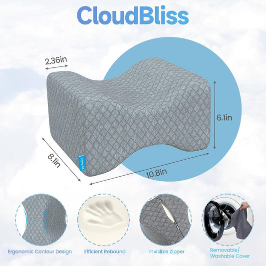 CloudBliss Cooling Gel Knee Pillow for Side Sleepers, Memory Foam, White | Contoured leg pillow, high-density foam, removable machine-washable cover, breathable fabric, hip and knee support