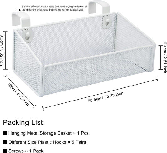 Bedside Caddy Hanging Storage Basket Beside Shelf Metal Organizer for Collage Dorm Bunk Bed,Hospital Bed,Baby Bed - Bedroom Essentials for Magazine,Remote Control,Phone,Drinks (White)