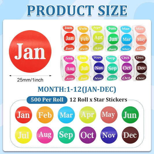 Decoendiy Month Labels Stickers, 12 Months of The Year Labels 1'' Color Coding Dot Self Monthly Adhesive Stickers 12 Rolls Round Dot Stickers- 500 Stickers per Day - 6000 Stickers Total
