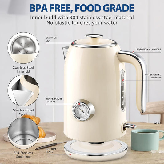 PUKOMC Electric Kettle, 1.7L Stainless Steel Electric tea kettle | Temperature Gauge, Fast Boiling, Auto Shut - off, BPA - Free, Boil - Dry Protection 1500W, LED Light, Easy clean