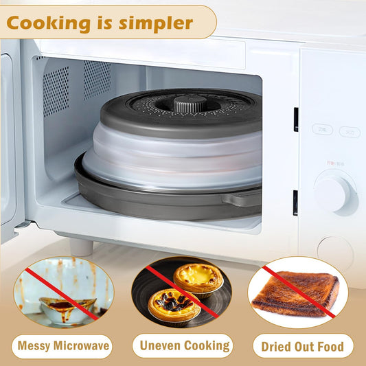 Microwave Splatter Cover with Anti-Scald Tray, 10.7" Collapsible - Black | Collapsible microwave food cover with an anti-scald tray. Fits most plates up to 10.7 inches and helps reduce food splatter.