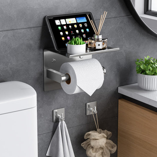 Tindbea Toilet Paper Holder Wall Mount + Towel Robe Hooks, Adhesive or Screw Wall Mounted Toilet Paper Roll Holder with Shelf, Stainless Steel Bathroom Organizers and Storage Kit (Brushed Gold)
