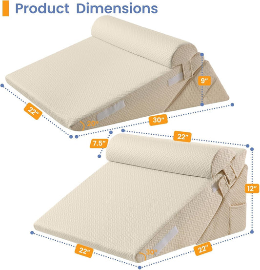Sasttie Adjustable Wedge Pillow Set for After Surgery, Light Grey & White | Bed Wedge Pillow Headboard with Memory Foam Neck Cushion, for Acid Reflux, Sleeping, Neck & Back Support