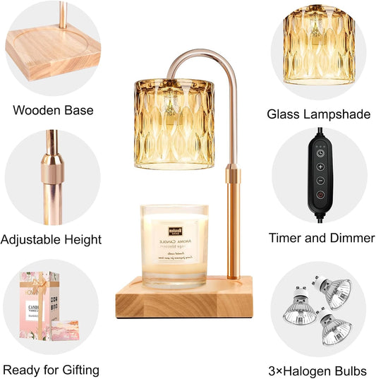 Candle Warmer Lamp, Candle Warmer Light with Timer & Dimmer, Candle Warmer Lamp Adjustable Height, Compatible with Jar Scented Candles, Candle Warming Lamp with 3 Bulbs for Home Decor