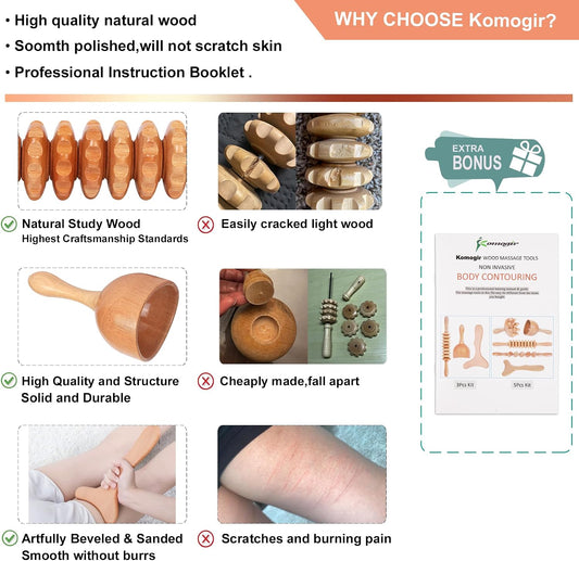Komogir 3-in-1 Wood Therapy Massage Tools Lymphatic Drainage Massager Wooden Massager for Maderoterapia,Anti-Cellulite, Body Sculpting & Contouring