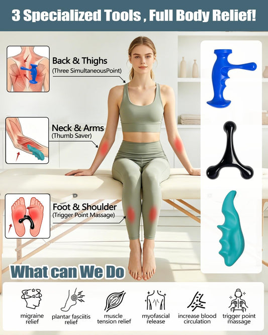 Abnaok Trigger Point Massage Tool for Deep Tissue, 3PCS Fascia Release Tools Set, Thumb Saver Massage Tool for Full Body Pain Relief, with 3-Legged Massage Knobs, Stress Relief