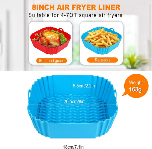 Boribim 2 PCS Square Silicone Air Fryer Liners - 8 Inch Reusable Air Fryer Pot - Air Fryer Accessories - Air Fryer Inserts for 4 to 7 QT Oven Microwave Accessories (Red + Blue)