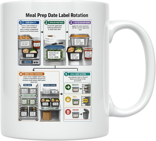 Meal Prep Teams Mug - Meal Prep Date Label Rotation - 11 oz Ceramic