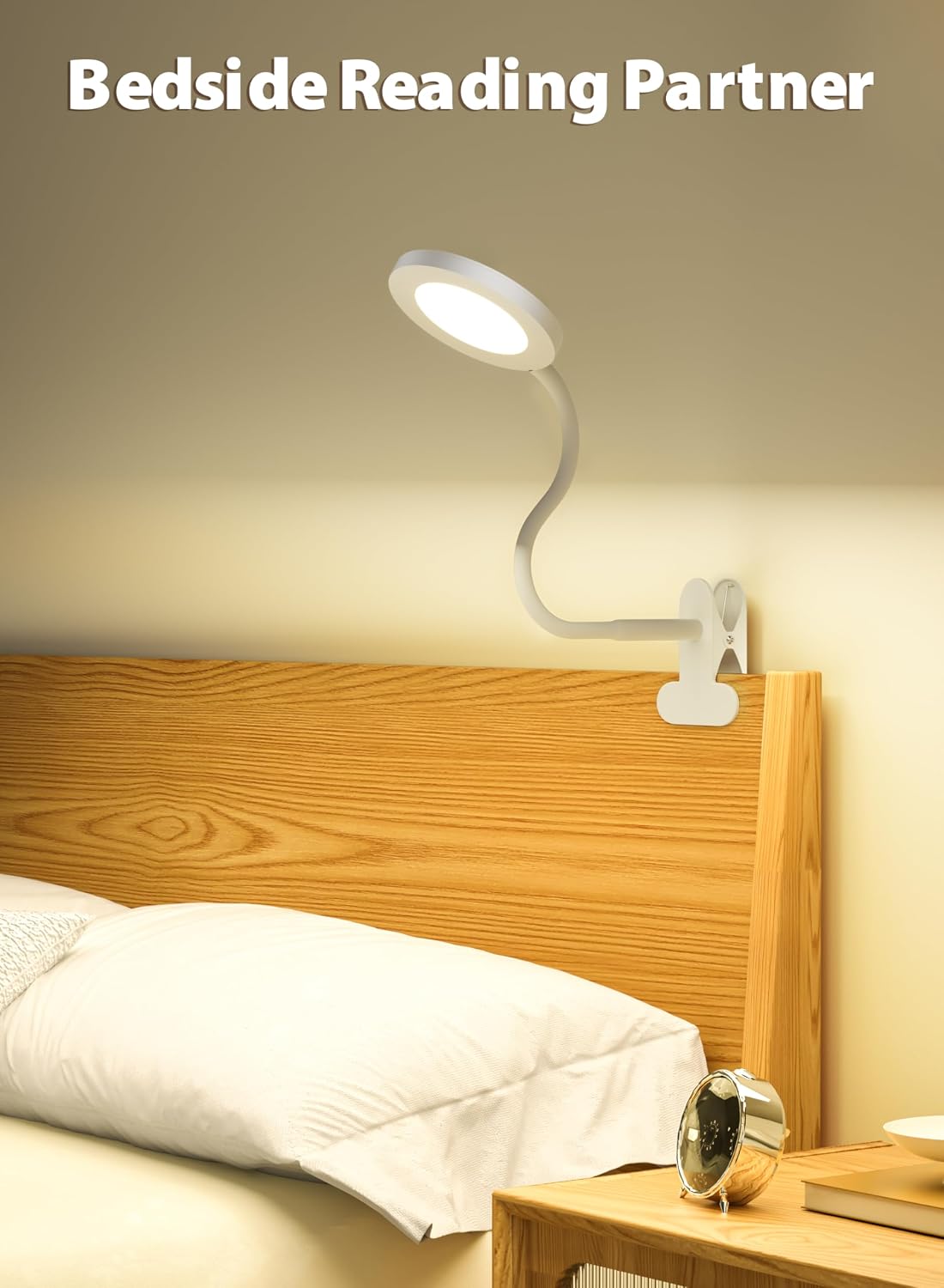 White Clip On Reading Light, 450LM Book Light, CRI95, 3 Modes Stepless Dim | CRI95 eye-caring LED provides natural lighting for reading, studying, and bedside use with adjustable brightness and modes