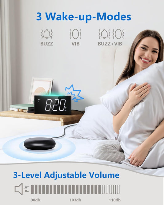 Vibrating Alarm Clock with Bed Shaker for Heavy Sleepers, Beside Clock with Night Light for Bedrooms, 2 USB Chargers,Large LED Display with Dimmer,Snooze 12/24H DST, Battery Backup | Powerful bed shaker with 3 wake modes, large dimmable LED display,