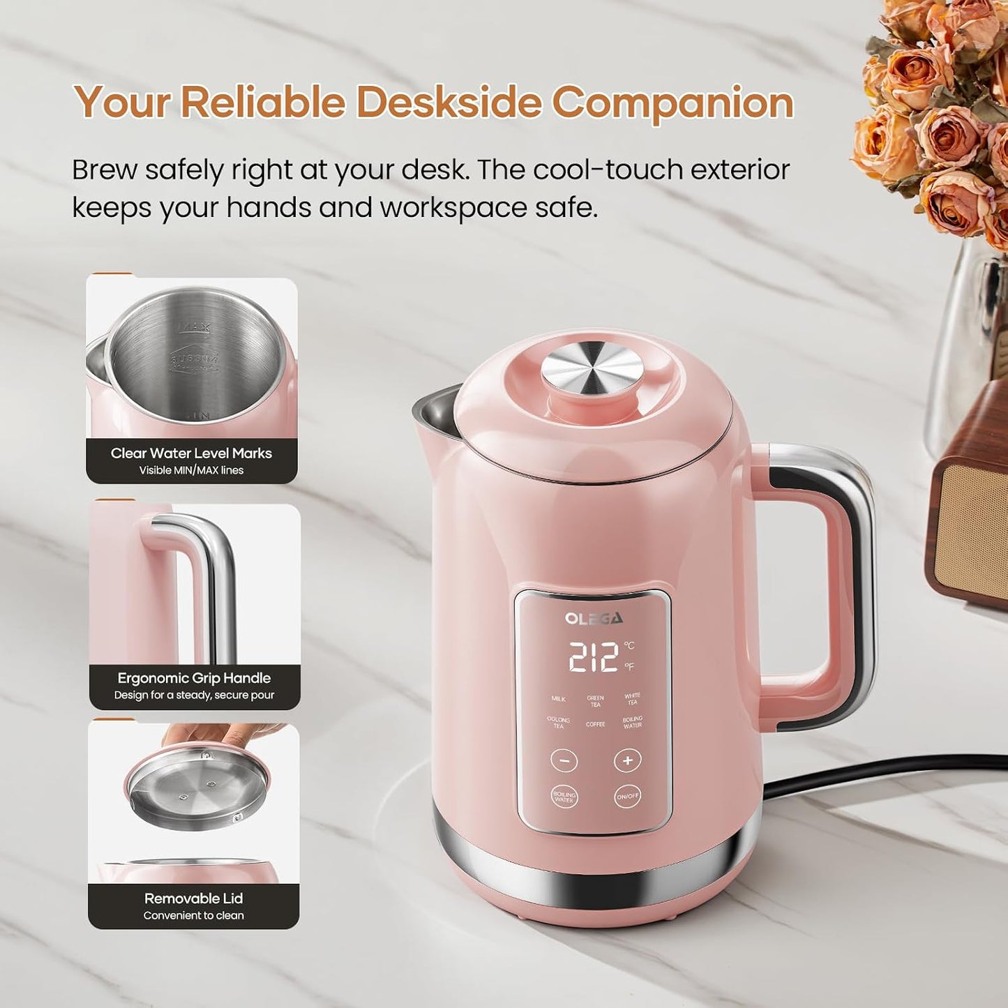 Electric Kettle Temperature Control: OLEGA 1.5L Smart Kettle 1200W | Stainless Steel Hot Water Boiler, 6 Temp Presets, Fast Boiling Electric Tea & Coffee Kettle