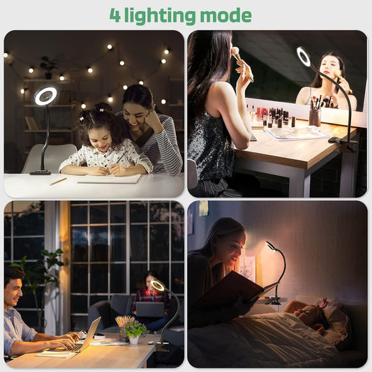 Glorious-LITE Clip on Light 36 LED Eye Caring Reading Light for Bed Silver | 360° Flexible Gooseneck, With 4 Color Modes, Dimmable Book Light for Bed, Desk, Headboard, USB Powered, With 59inch USB Wires
