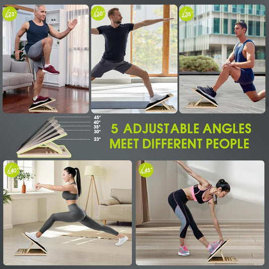 Calf Stretching Slant Board, 5 Adjustable Angles Wooden 350 LBS Non-Slip Portable Therapy Foot Stretcher with Training Poster, Relief Plantar Fasciitis, Achilles, Leg Heel Ankle Pain