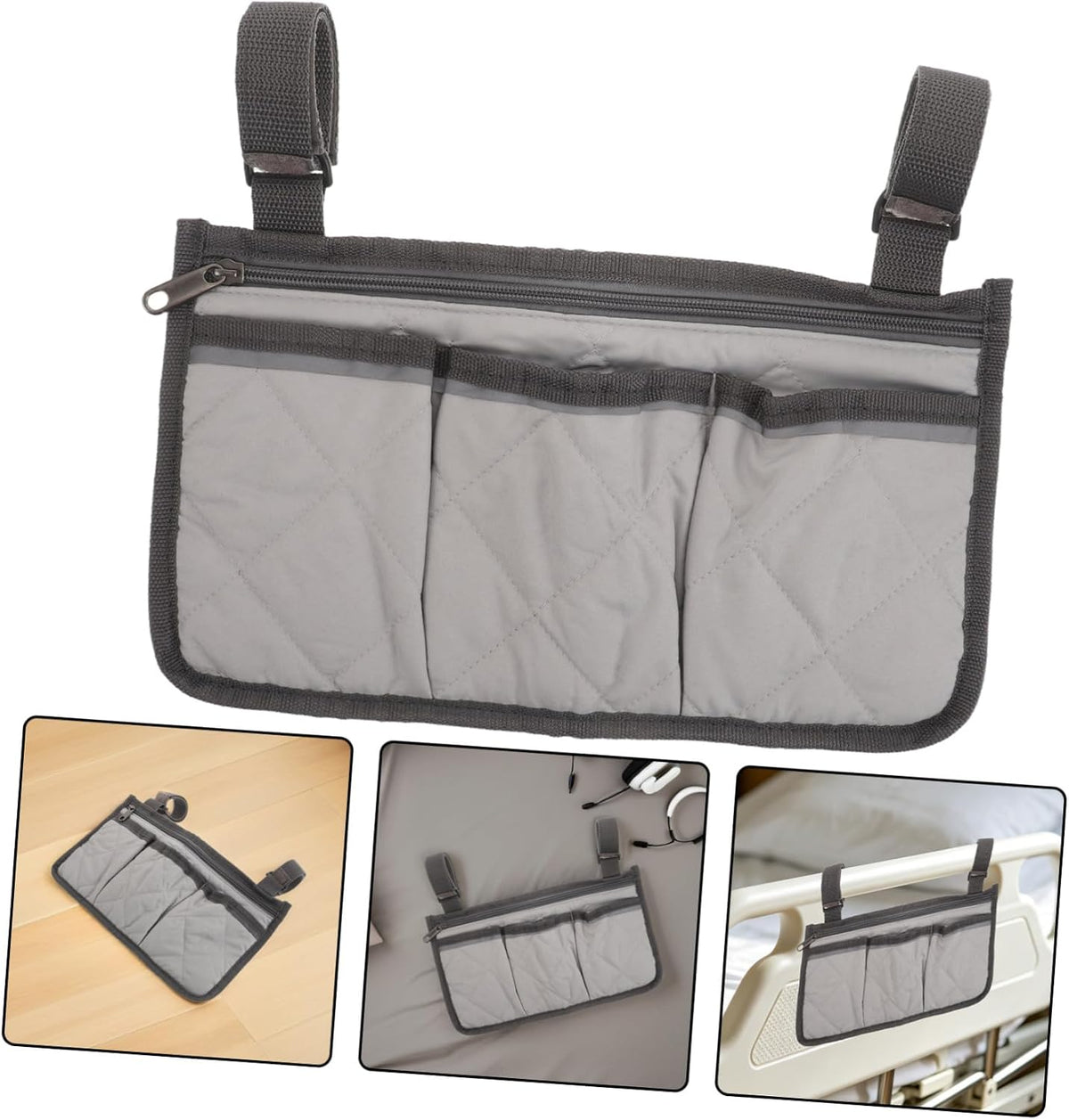 Bedside Rail Organizer Bag with 4 Pockets, Cup Holder, and Zipper Phone Pouch, Universal Multi-use Storage Caddy for Senior Safety and Mobility Assistance on Hospital or Dorm Beds